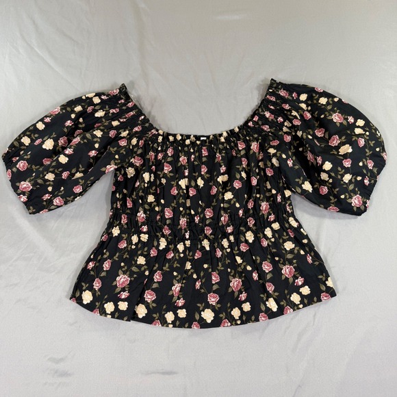Celebrity Pink Tops - Floral Puff Sleeve Smocked Shirt M Cottagecore Coquette Milkmaid Prairie Boho